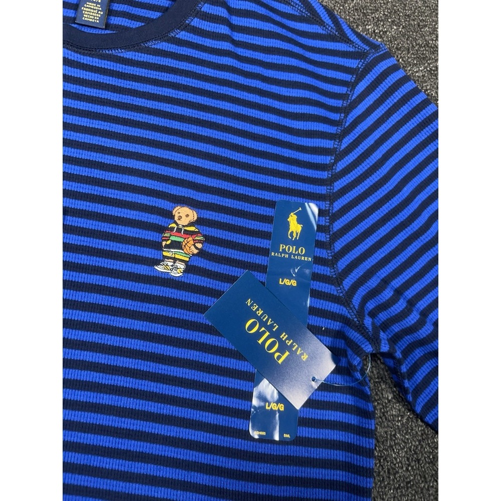 New Polo Ralph Lauren Shirt Men Large Blue Striped Thermal Long Sleeve Polo Bear - Picture 5 of 9